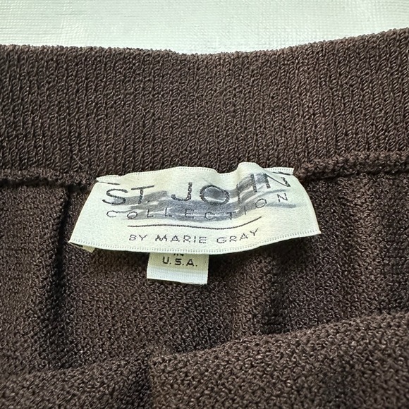 St. John Collection Brown Knit Suit Set Sz 14/12 Gold Buttons Mended Flaws Vtg - Picture 8 of 16